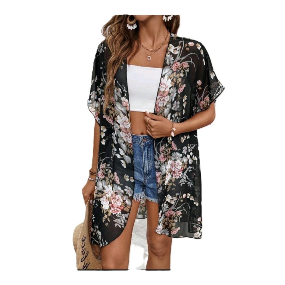 Women's Large XL Kimono Bat Wing Floral Sheer Cover Up Black Lightweight Jacket